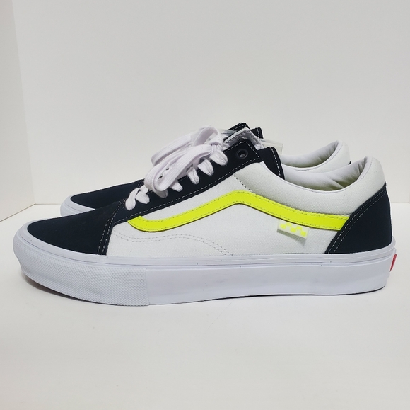 Vans Skate Old Skool Mens Size 11.5 True White Neon Yellow Canvas Seude Shoes - Picture 3 of 12